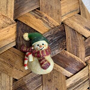 Snowman Brooch ? resin Cream Red Scarf Green Hat 1.5 x 1"